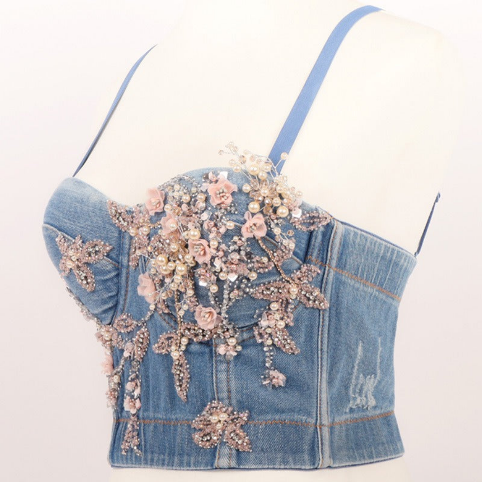 Women's Denim Bustier Top Adorned with Sparkling  Beads