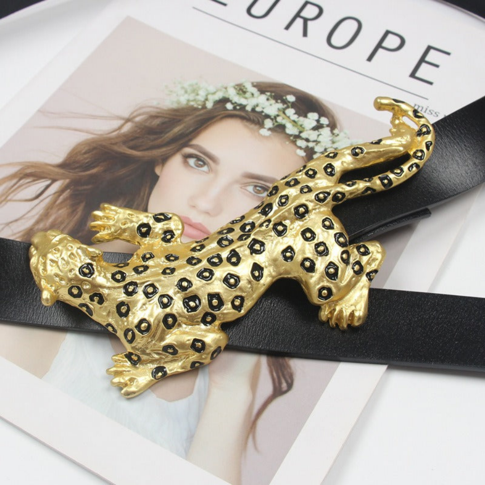 Trendy Leather Belt with a Leopard Design Metal Buckle