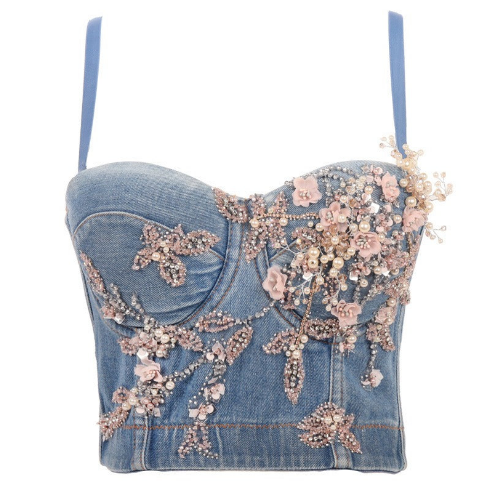 Women's Denim Bustier Top Adorned with Sparkling  Beads