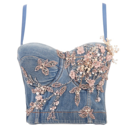Women's Denim Bustier Top Adorned with Sparkling  Beads