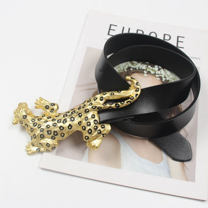 Trendy Leather Belt with a Leopard Design Metal Buckle