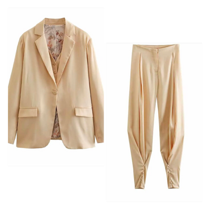 Elegant Matching Vest Jacket  + Female Chic High Rise Pleated Pants Two-Piece Set