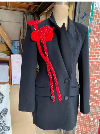 Slim Blazer For Women Notched Collar Long Sleeves with Red Beaded Designer Detailing