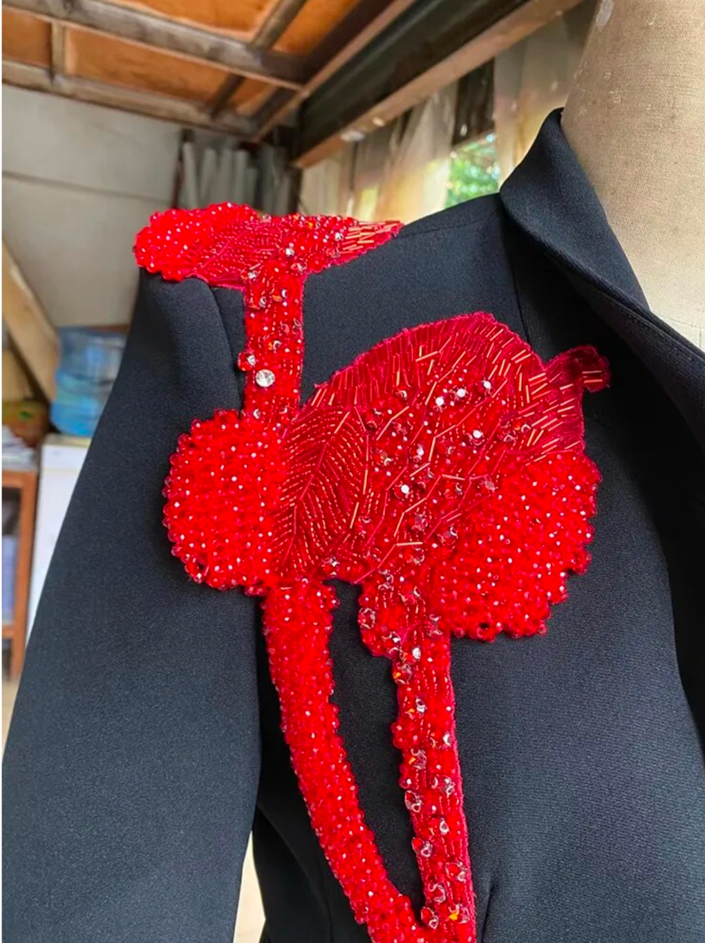 Slim Blazer For Women Notched Collar Long Sleeves with Red Beaded Designer Detailing