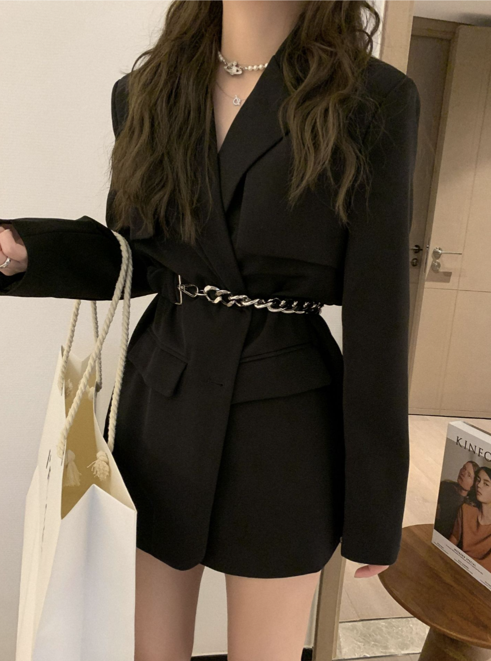 Women's Chain and Buckle Belted  Blazer Coat