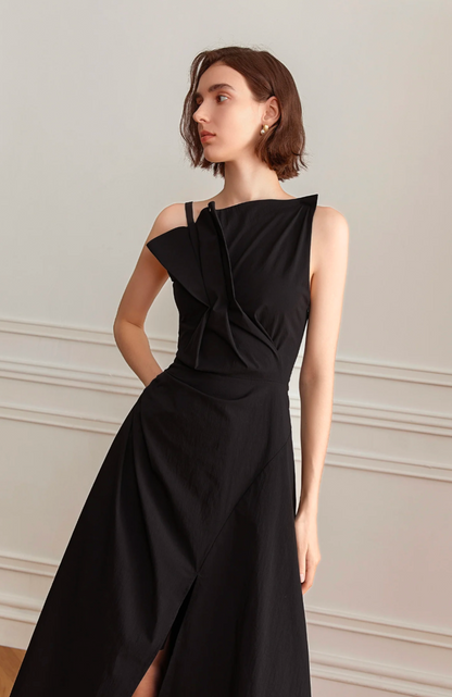 Fashionable Designer Cotton Dress With Pleated Bodice and High Slit