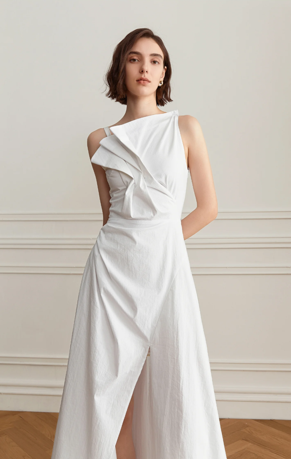 Fashionable Designer Cotton Dress With Pleated Bodice and High Slit