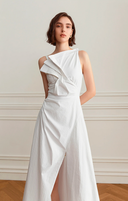 Fashionable Designer Cotton Dress With Pleated Bodice and High Slit