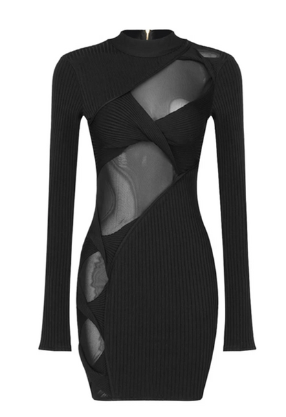 Sexy Bodycon Mini Dress For Women with Sheer Cut-Outs and Long Sleeves