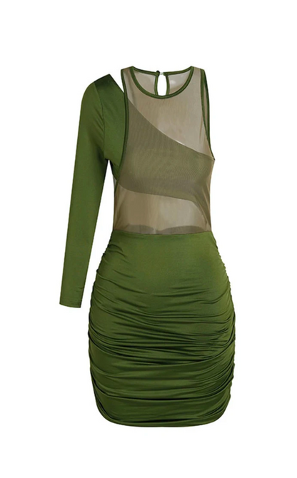 Stunning Figure Hugging Green Dress With One Sleeve and Mesh Bodice