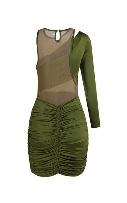 Stunning Figure Hugging Green Dress With One Sleeve and Mesh Bodice