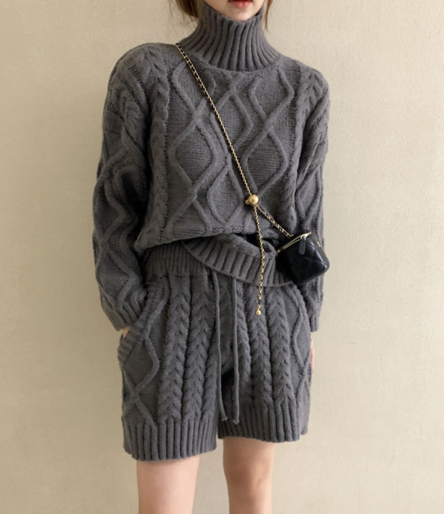 Two Piece Knit Sets For Women Loose Long Sleeve Turtleneck Sweater + Matching Shorts