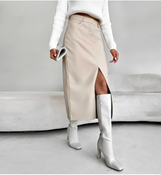 Structured Slit Midi  Faux Leather Skirt – Khaki & Black