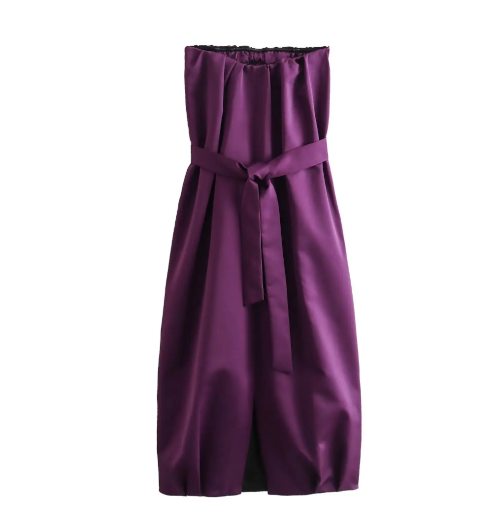 Strapless Purple Midi Dresses with a Belt