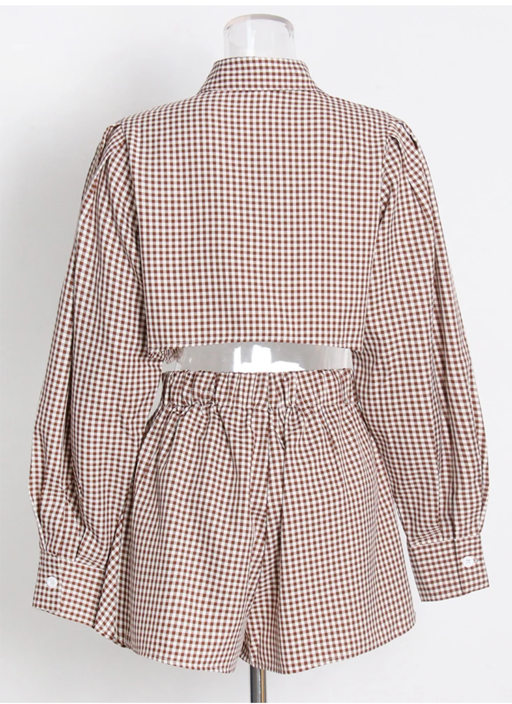 Loose Two Piece Set, Womens Long Sleeve Plaid Cropped Shirt and Matching High Waisted Shorts