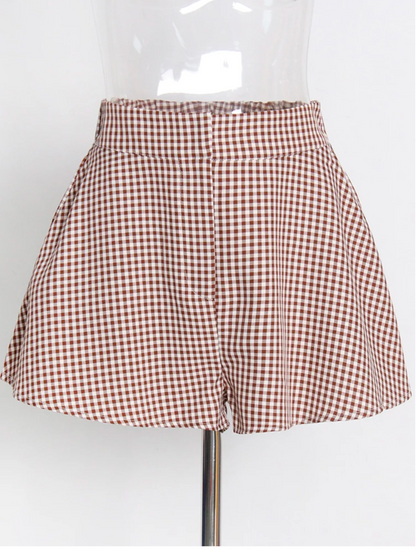 Loose Two Piece Set, Womens Long Sleeve Plaid Cropped Shirt and Matching High Waisted Shorts