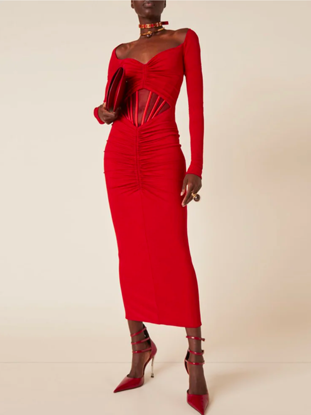 Red Ruched Long Sleeves Evening Dress