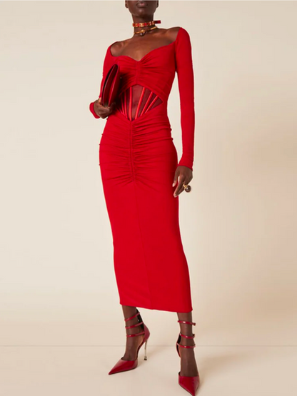 Red Ruched Long Sleeves Evening Dress