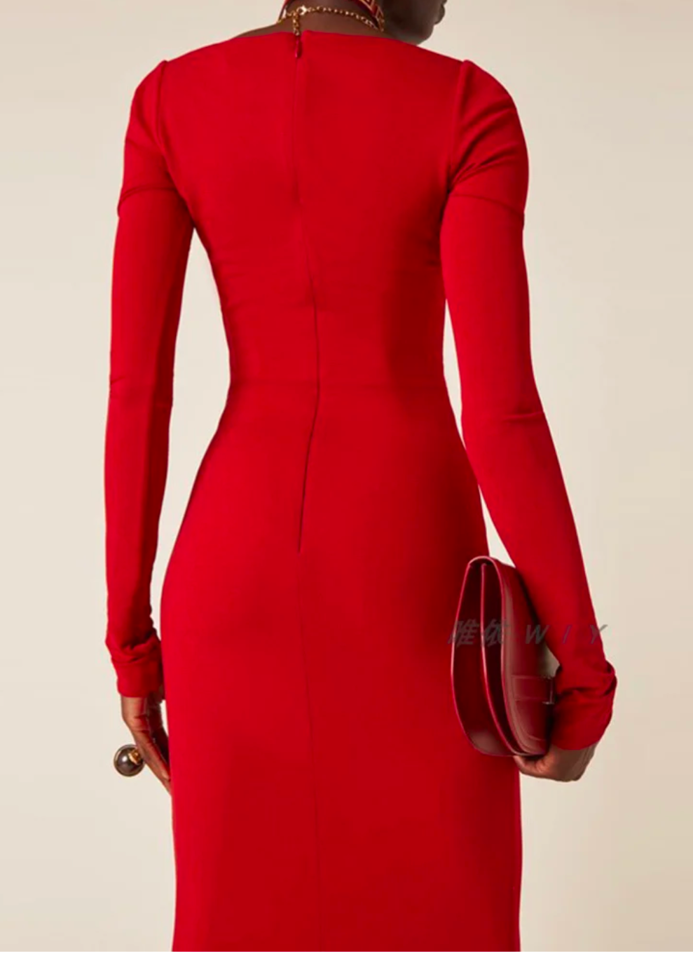 Red Ruched Long Sleeves Evening Dress