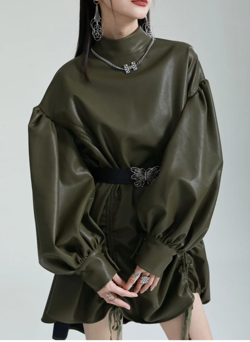 High Neck Green Leatherette Dress With Lantern Sleeves