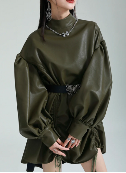 High Neck Green Leatherette Dress With Lantern Sleeves