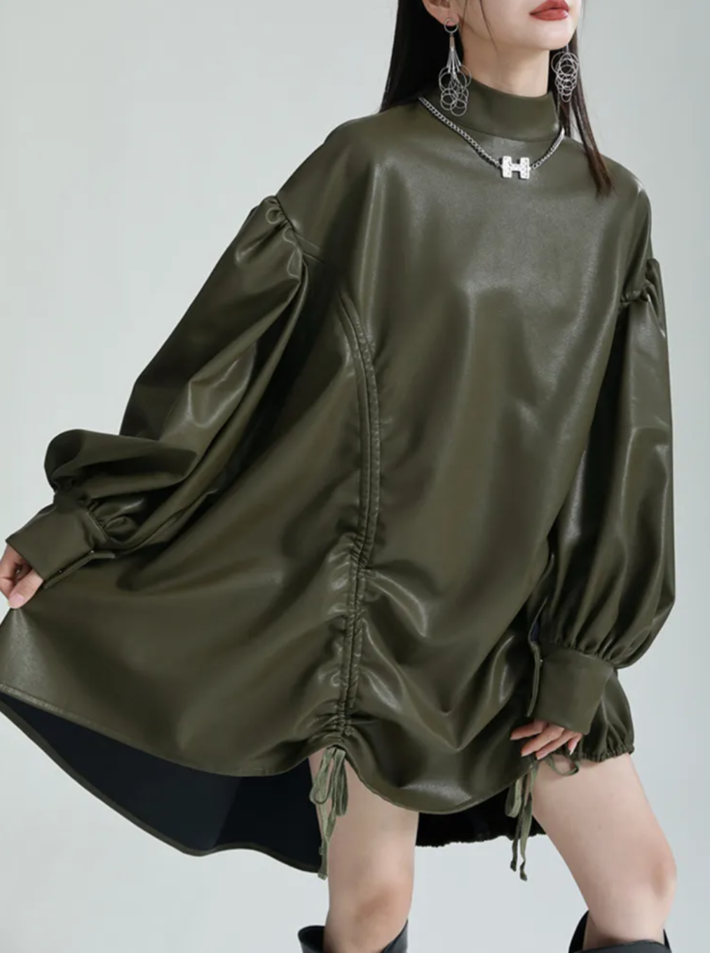 High Neck Green Leatherette Dress With Lantern Sleeves