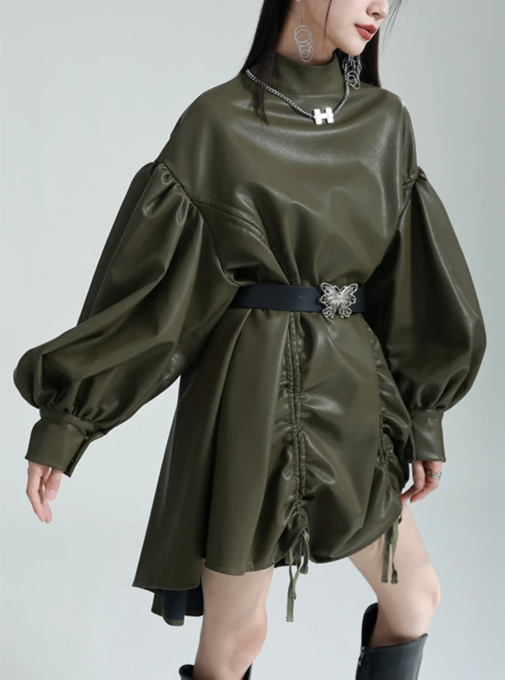 High Neck Green Leatherette Dress With Lantern Sleeves