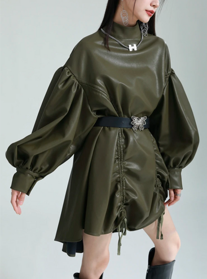 High Neck Green Leatherette Dress With Lantern Sleeves