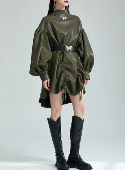 High Neck Green Leatherette Dress With Lantern Sleeves