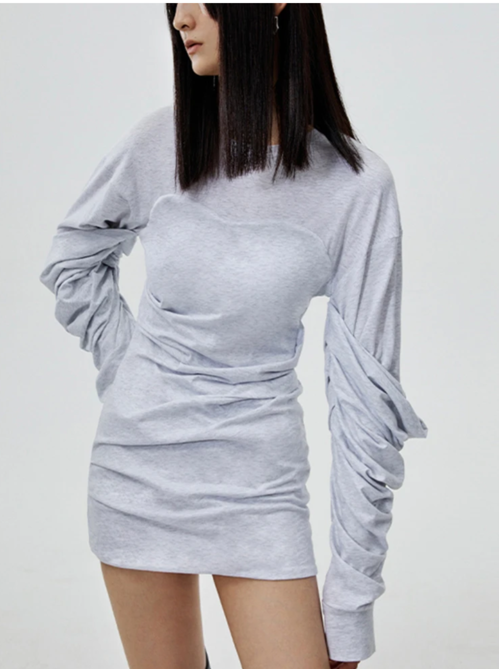 Stylish Long Sleeves Mini Grey Dress with Folded Designer Details