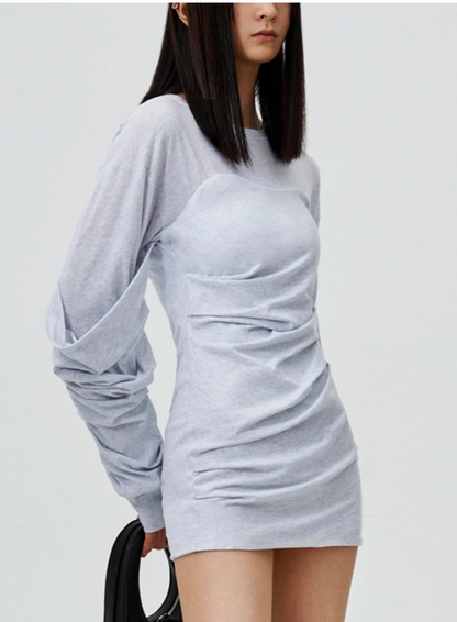 Stylish Long Sleeves Mini Grey Dress with Folded Designer Details