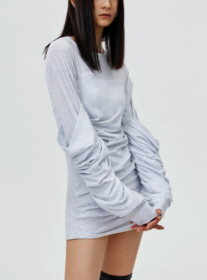 Stylish Long Sleeves Mini Grey Dress with Folded Designer Details