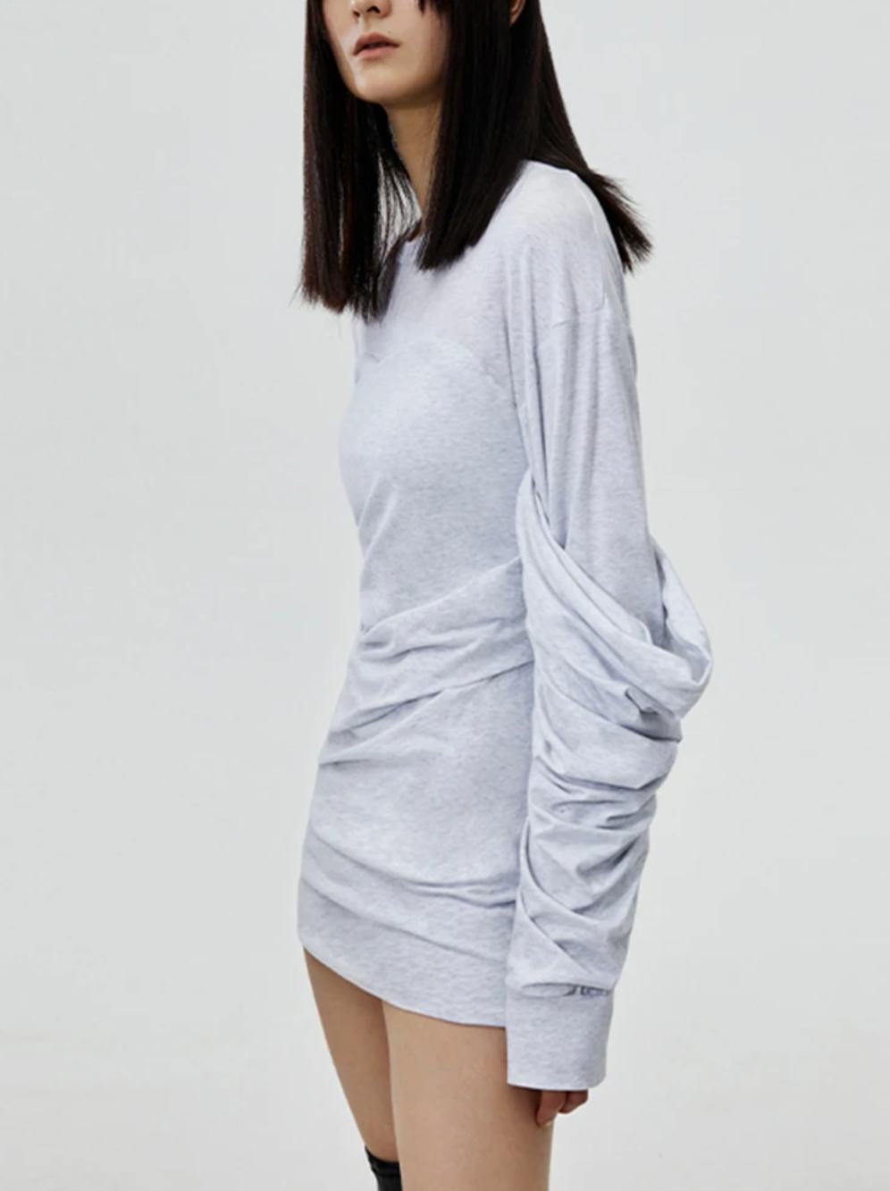 Stylish Long Sleeves Mini Grey Dress with Folded Designer Details