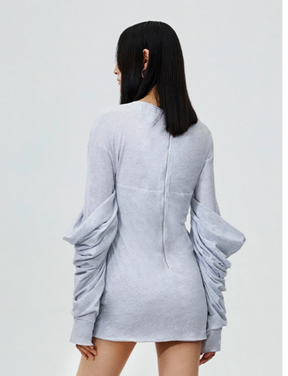 Stylish Long Sleeves Mini Grey Dress with Folded Designer Details