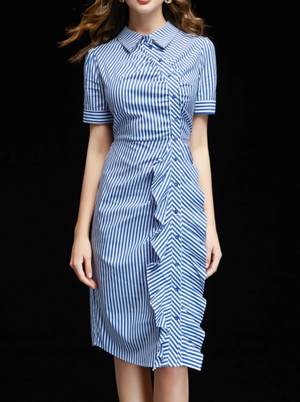 Striped Short Sleeve Side Ruffles Dress