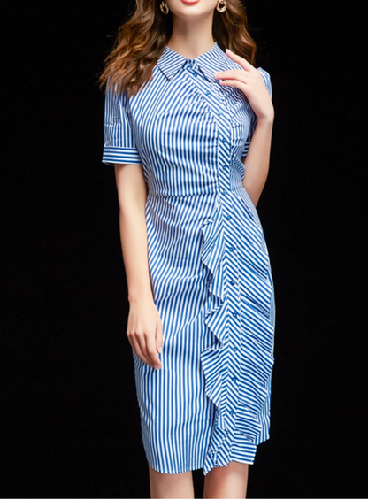 Striped Short Sleeve Side Ruffles Dress