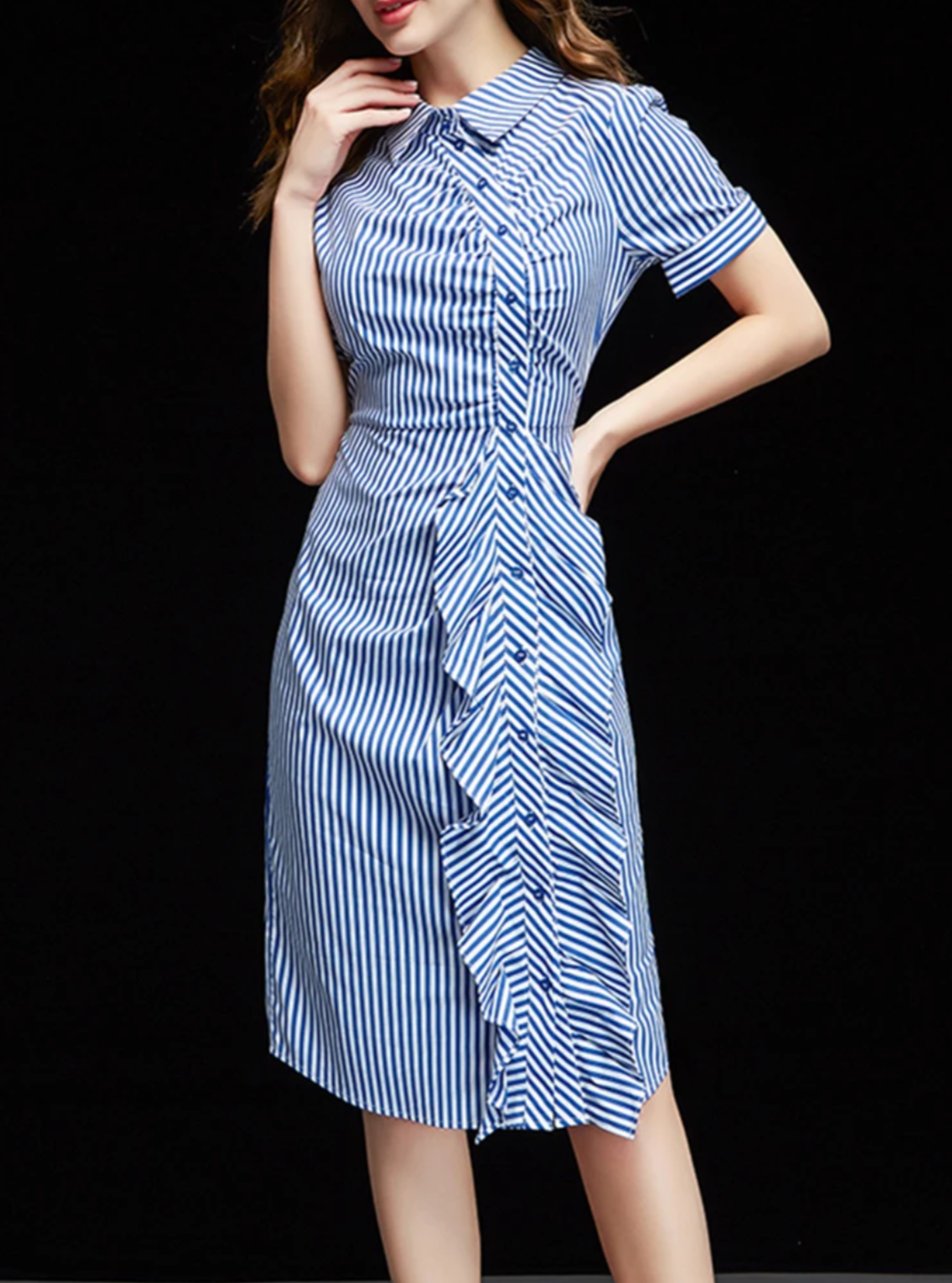 Striped Short Sleeve Side Ruffles Dress