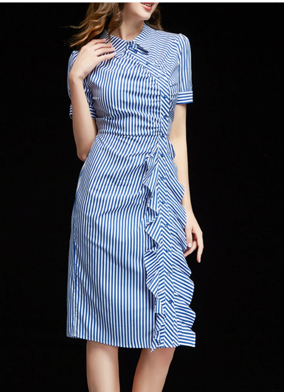 Striped Short Sleeve Side Ruffles Dress