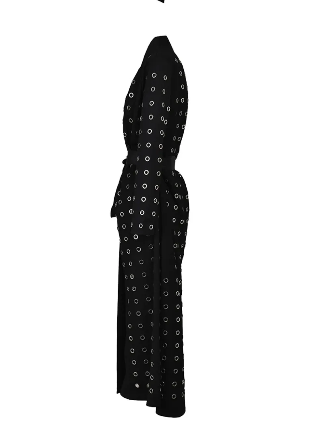 Edgy Black Grommet-Embellished Long Trench Coat