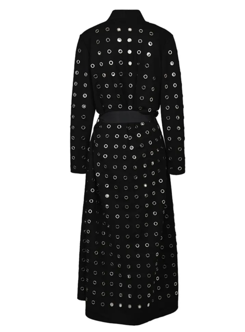 Edgy Black Grommet-Embellished Long Trench Coat
