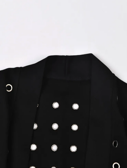 Edgy Black Grommet-Embellished Long Trench Coat