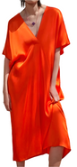 Orange Satin Long  Tunic Style Dress  For Women