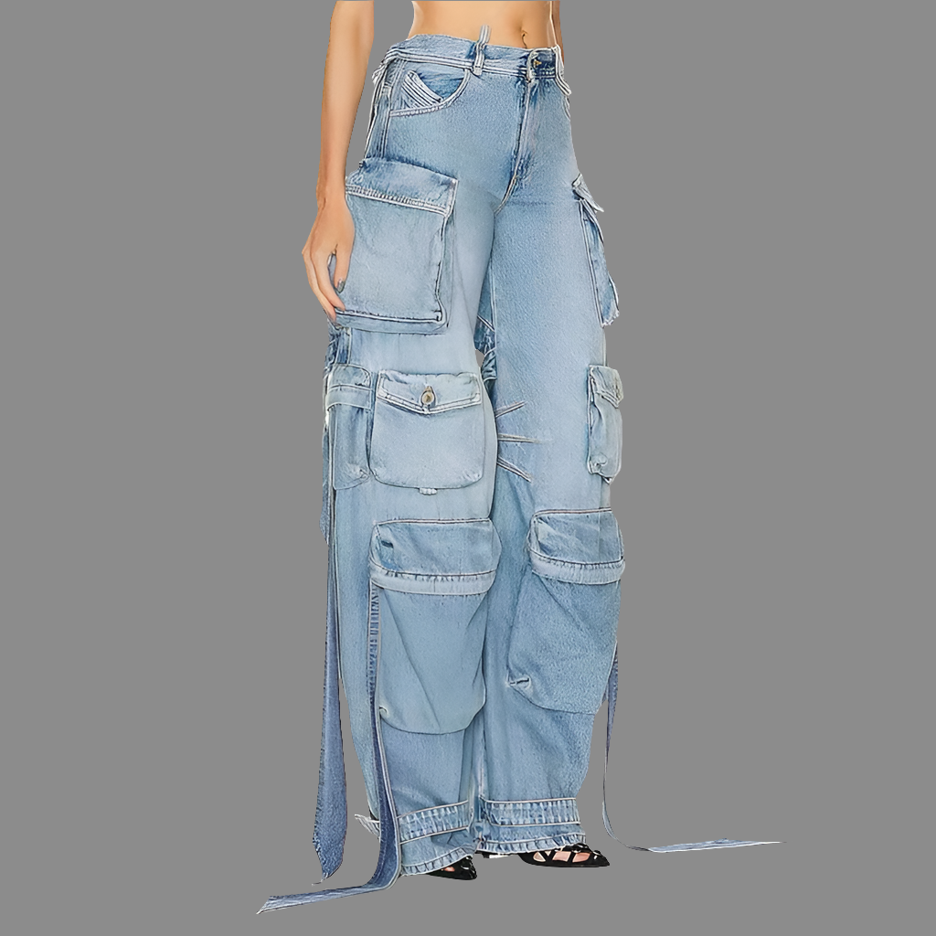 Stylish Multi Pocket Denim Pants with Decorative Straps and Thigh  Splits