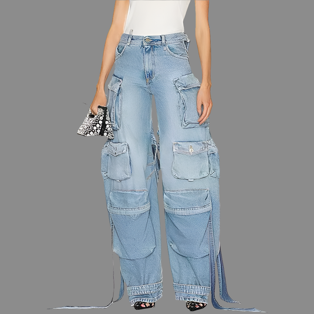 Stylish Multi Pocket Denim Pants with Decorative Straps and Thigh  Splits