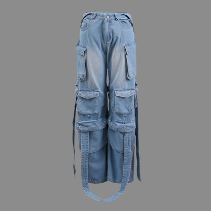 Stylish Multi Pocket Denim Pants with Decorative Straps and Thigh  Splits