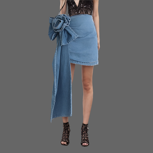 Spring New 3D Rose Decoration Design Sense High Waist Slim denim Skirt Women's A-line Wrapped Hip Skirt