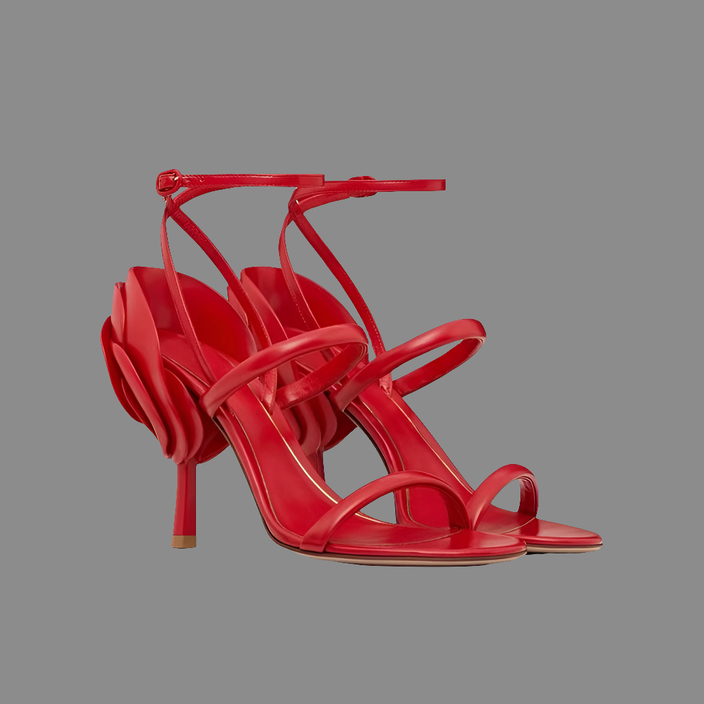 Elegant High Heeled Sandals With 3D Flower Detailing, Comes in Red, Black & Silver