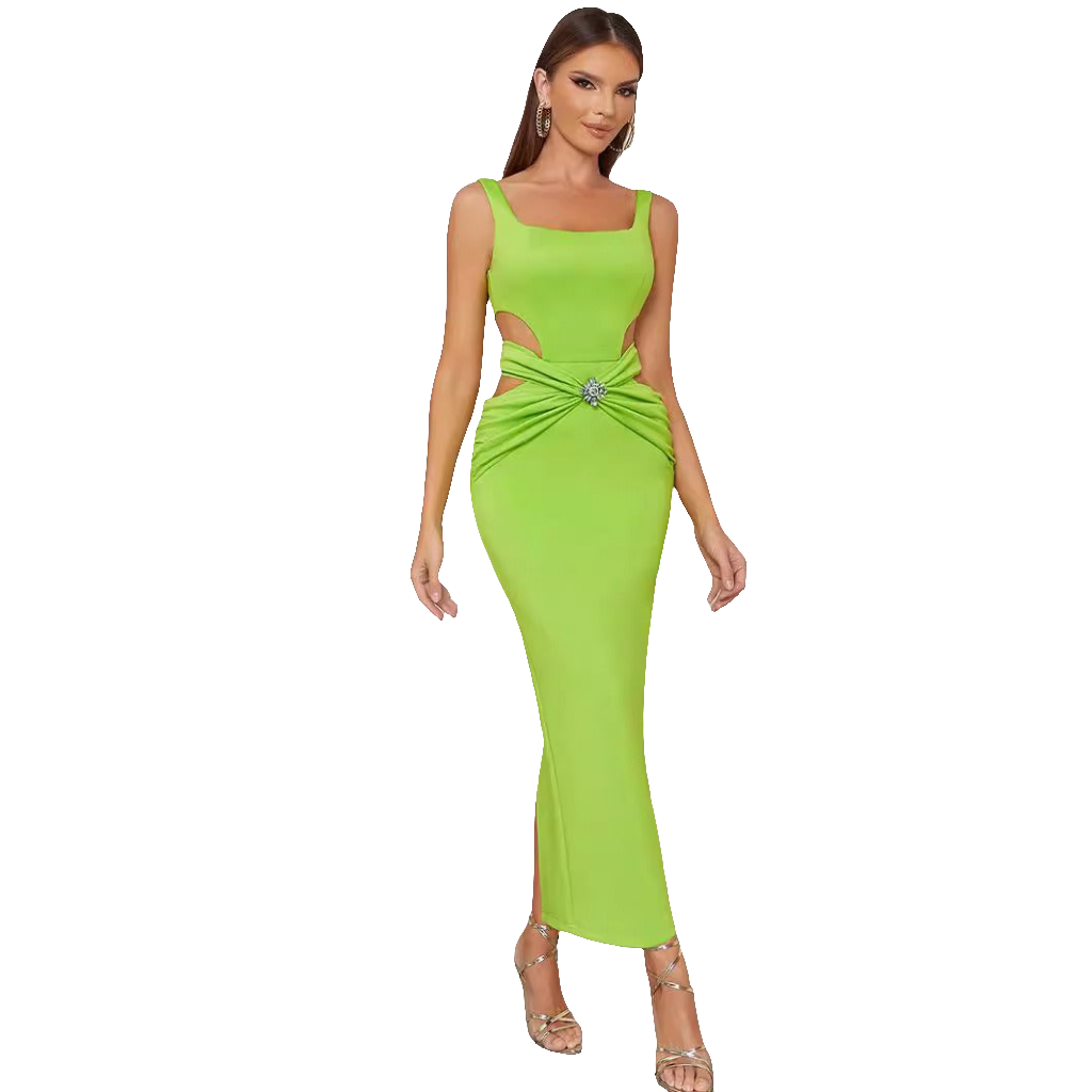 Elegant Florescent Green Figure Hugging Stretchy Dress With Side Cut-outs