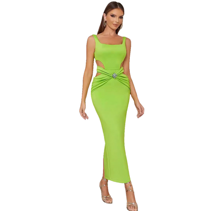 Elegant Florescent Green Figure Hugging Stretchy Dress With Side Cut-outs