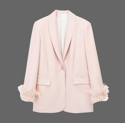 Three Piece Feathered Suit  With Matching Pink Blazer + Wide Leg  Cropped Pants + Heart-Shaped Corset Camisole Top